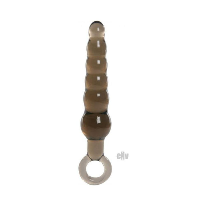 Smoke-colored rippled anal teaser wand with tapered tip and ring handle for easy removal.