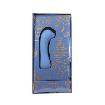 Blue Ritual Bliss rechargeable silicone suction stimulator in decorative blue and gold packaging.