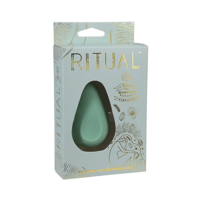 Mint green teardrop-shaped silicone clitoral vibrator in light blue and gold Ritual branded packaging.
