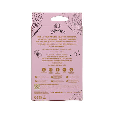 Back view of Ritual Dream Rechargeable Silicone Bullet Vibe pink packaging with product features and usage information.