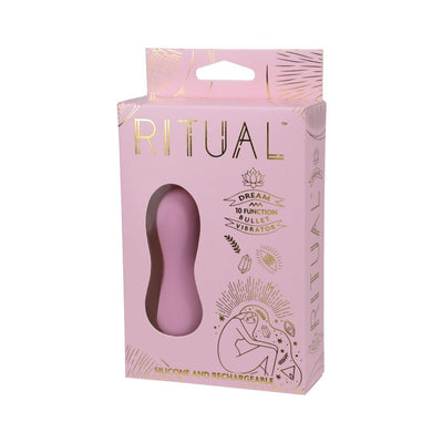 Pink Ritual Dream rechargeable silicone bullet vibrator in decorative pink and gold packaging with window display.