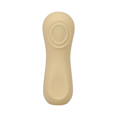 Compact yellow silicone vibrator with smooth ergonomic design and circular textured control area.