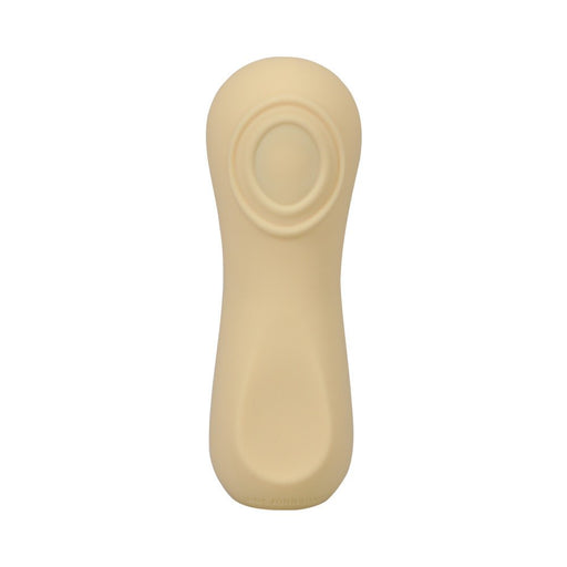 Compact yellow silicone vibrator with smooth ergonomic design and circular textured control area.