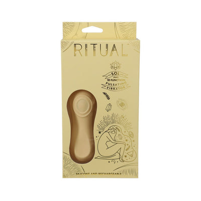 Ritual Sol rechargeable silicone pulsating vibrator in yellow packaging with artistic design and product window display.