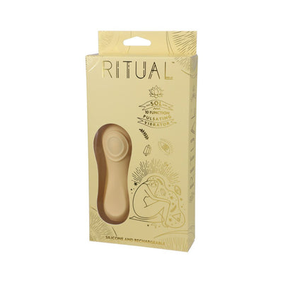 Ritual Sol rechargeable silicone pulsating vibrator in yellow packaging with artistic design and product window.