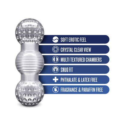 Clear textured dual-chambered pleasure toy with soft feel, snug fit, and free from phthalates, latex, fragrance, and paraffin.