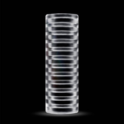 Clear ribbed textured stroker sleeve with glowing effect on black background.