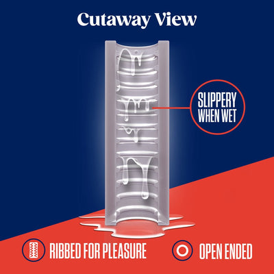 Cutaway view of clear ribbed stroker showing textured interior and highlighting its slippery, open-ended design.