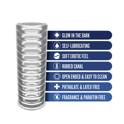 Clear ribbed stroker with glow-in-the-dark, self-lubricating, soft material, open-ended design, and free from phthalates, latex, fragrance, and paraffin.