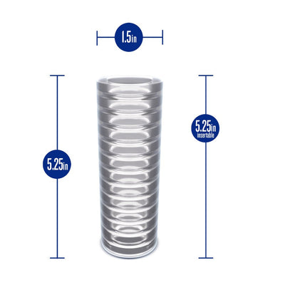 Clear ribbed stroker with 5.25-inch insertable length and 1.5-inch diameter, designed for customizable tightness and easy cleaning.