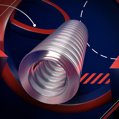 Clear ribbed cylindrical stroker with a soft, textured interior and flexible design on a dark blue and red abstract background.