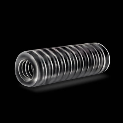 Clear ribbed cylindrical stroker sleeve with a textured canal for customizable tightness and enhanced sensation.