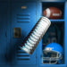 Clear ribbed stroker sleeve with glowing effect displayed against a blue sports locker background.