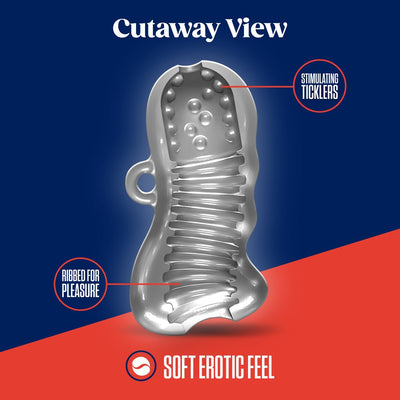Cutaway view of clear textured sleeve showing stimulating ticklers and ribbed interior for enhanced sensation.