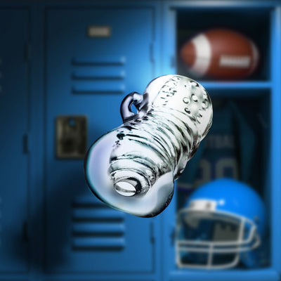 Clear textured Blush Rize Squeezy device floating in front of a blue locker with football gear inside.