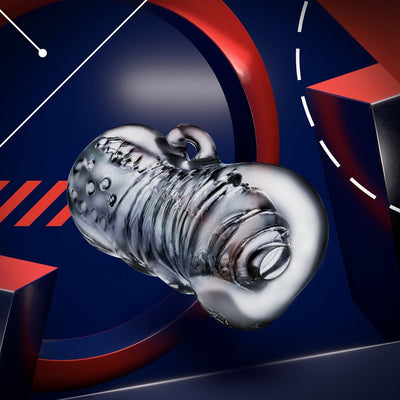 Clear textured Rize Squeezy device with ergonomic grip and multi-textured chambers on a modern abstract background.