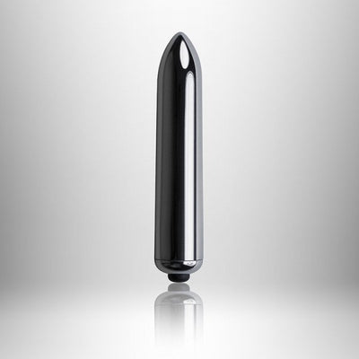 Sleek black rechargeable bullet vibrator with smooth, tapered design and reflective surface for targeted stimulation.