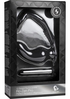 Ro-Zen Pro rechargeable black prostate massager with penis strap and removable bullet vibrator in sleek packaging.