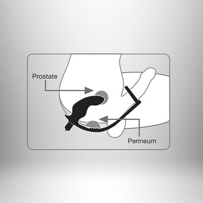 Diagram showing the Ro-Zen Pro massager positioned for prostate and perineum stimulation in a male anatomy illustration.