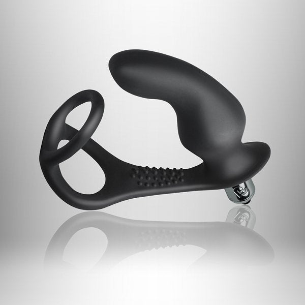 Black silicone prostate massager with dual rings and a textured perineum stimulator, featuring a removable bullet vibrator.