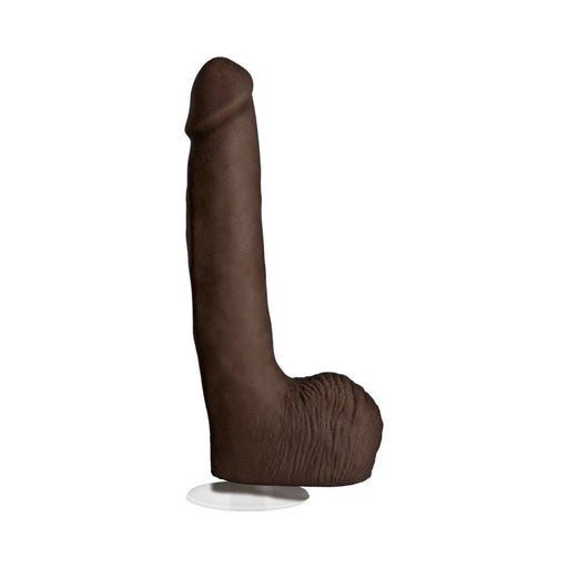 Realistic brown 10.5-inch dildo with detailed texture and suction cup base for hands-free use.