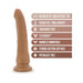 Slender tan dildo with strong suction cup base and features list including dual density, harness compatible, and phthalate-free materials.