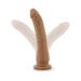 Slender brown dual-density dildo with suction cup base shown in upright and angled positions on white background.