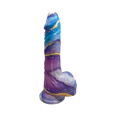 Colorful silicone dildo with blue, purple, and gold marble pattern and suction cup base.