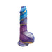 Colorful silicone dildo with blue, purple, and gold marble pattern and suction cup base.