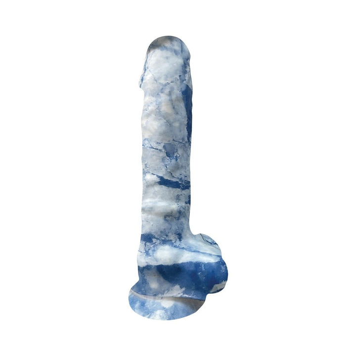 Blue and white marble-textured silicone dildo with suction base and realistic shape, 7 inches long.