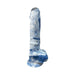 Blue and white marble-textured silicone dildo with suction base and realistic shape, 7 inches long.