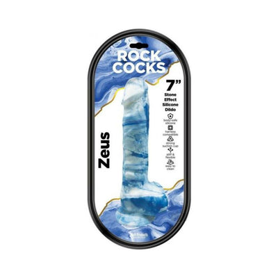 Blue and white marble-effect silicone dildo with suction cup in clear black-edged packaging labeled Rock Cocks Zeus 7 inch