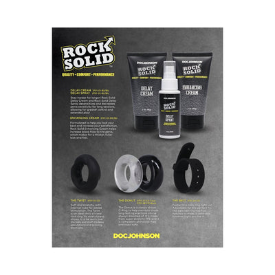 Rock Solid delay cream, delay spray, enhancing cream, and three types of black and clear cock rings on gray background.
