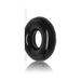 Black donut-shaped flexible ring with smooth surface and reflective finish on white background