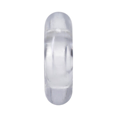Clear flexible donut-shaped cock ring displayed on a white background