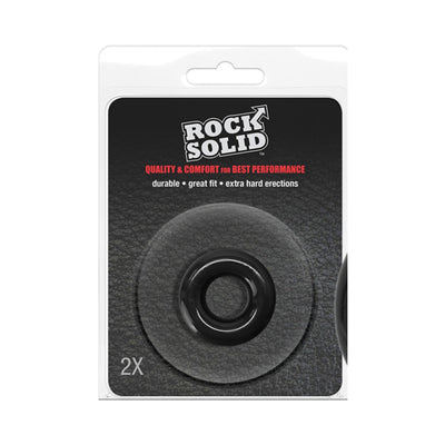 Rock Solid 2x black donut-shaped cock rings in clear clamshell packaging with product branding and features.