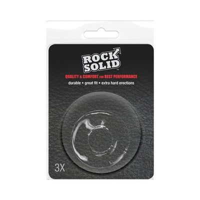 Clear Rock Solid 3-pack donut style cock rings in black and white clamshell packaging