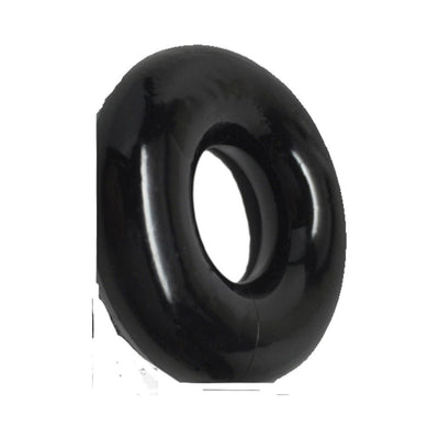 Black glossy donut-shaped cock ring with smooth surface and rounded edges on white background.