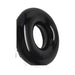 Black glossy donut-shaped cock ring with smooth surface and rounded edges on white background.