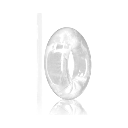 Clear donut-shaped flexible cock ring with smooth surface shown against a white background.