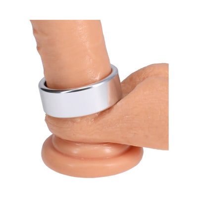 Silver brushed alloy ring displayed on a realistic skin-tone model for size and fit demonstration.