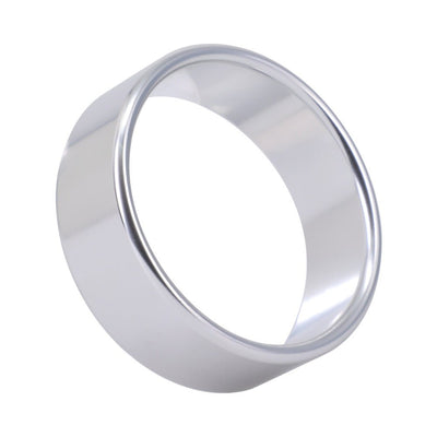 Silver brushed aluminum ring with a wide, smooth band and polished edges, shown on a white background.