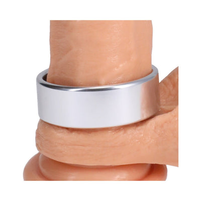 Silver brushed alloy ring displayed on a realistic skin-toned model for size and fit demonstration.
