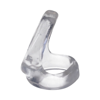 Clear flexible cock ring with an extended support arm designed to elevate and enhance performance.