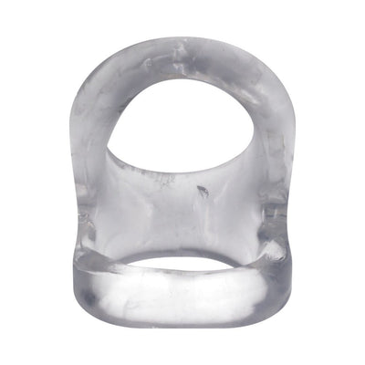 Clear flexible silicone cock ring with dual openings designed for support and enhanced performance.