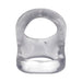 Clear flexible silicone cock ring with dual openings designed for support and enhanced performance.