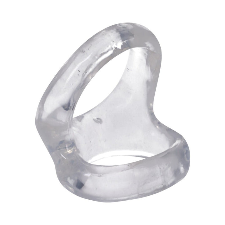 Clear flexible silicone cock ring with an ergonomic design for support and comfort.