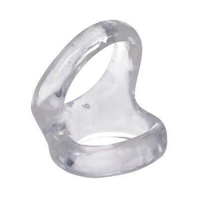 Clear flexible silicone cock ring with an ergonomic design for support and comfort.