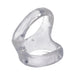 Clear flexible silicone cock ring with an ergonomic design for support and comfort.
