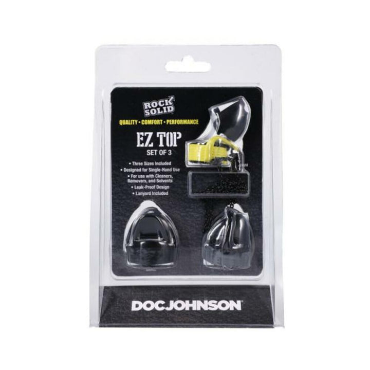 Rock Solid EZ Top 3-piece set of black, yellow, and grey leak-proof caps with lanyards in retail packaging
